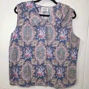 Vintage Atlas Cotton Floral Paisley Button Front Sleeveless Blouse Top Womens L